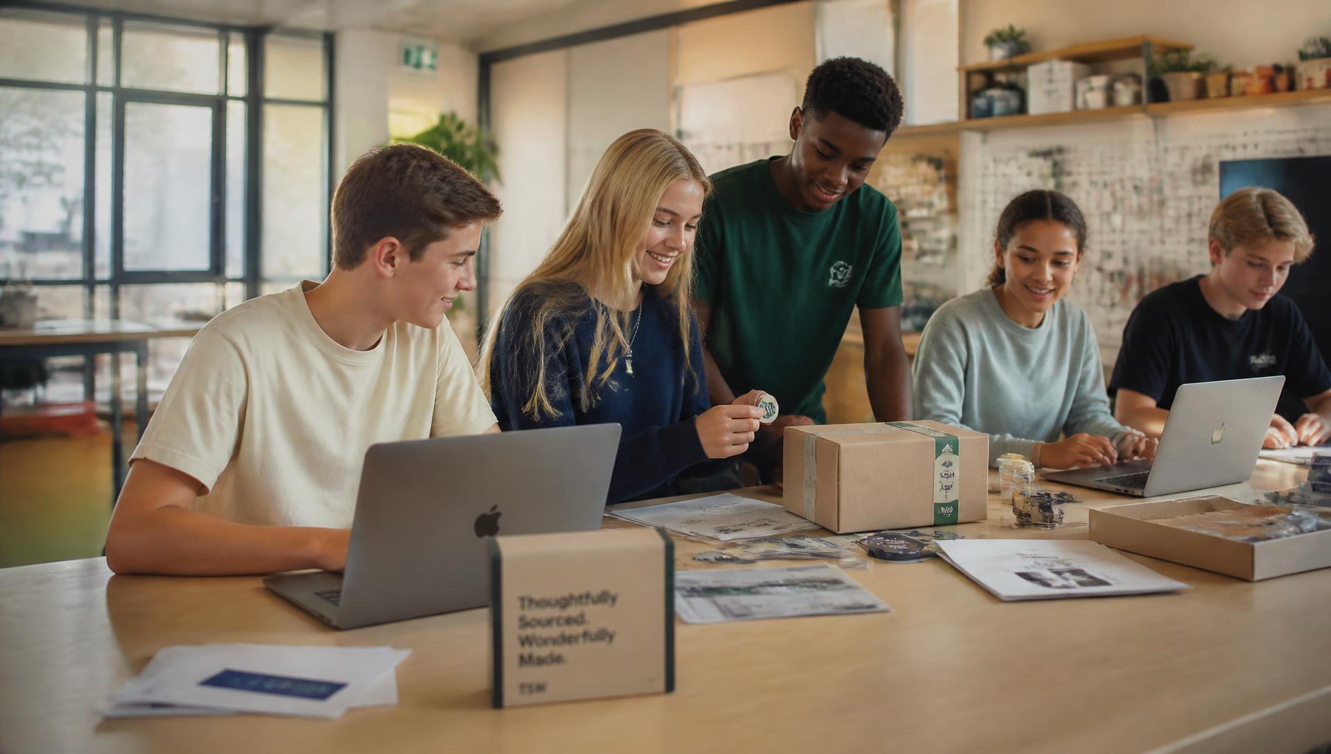 Teenagers running a busy market stall and serving a customer
